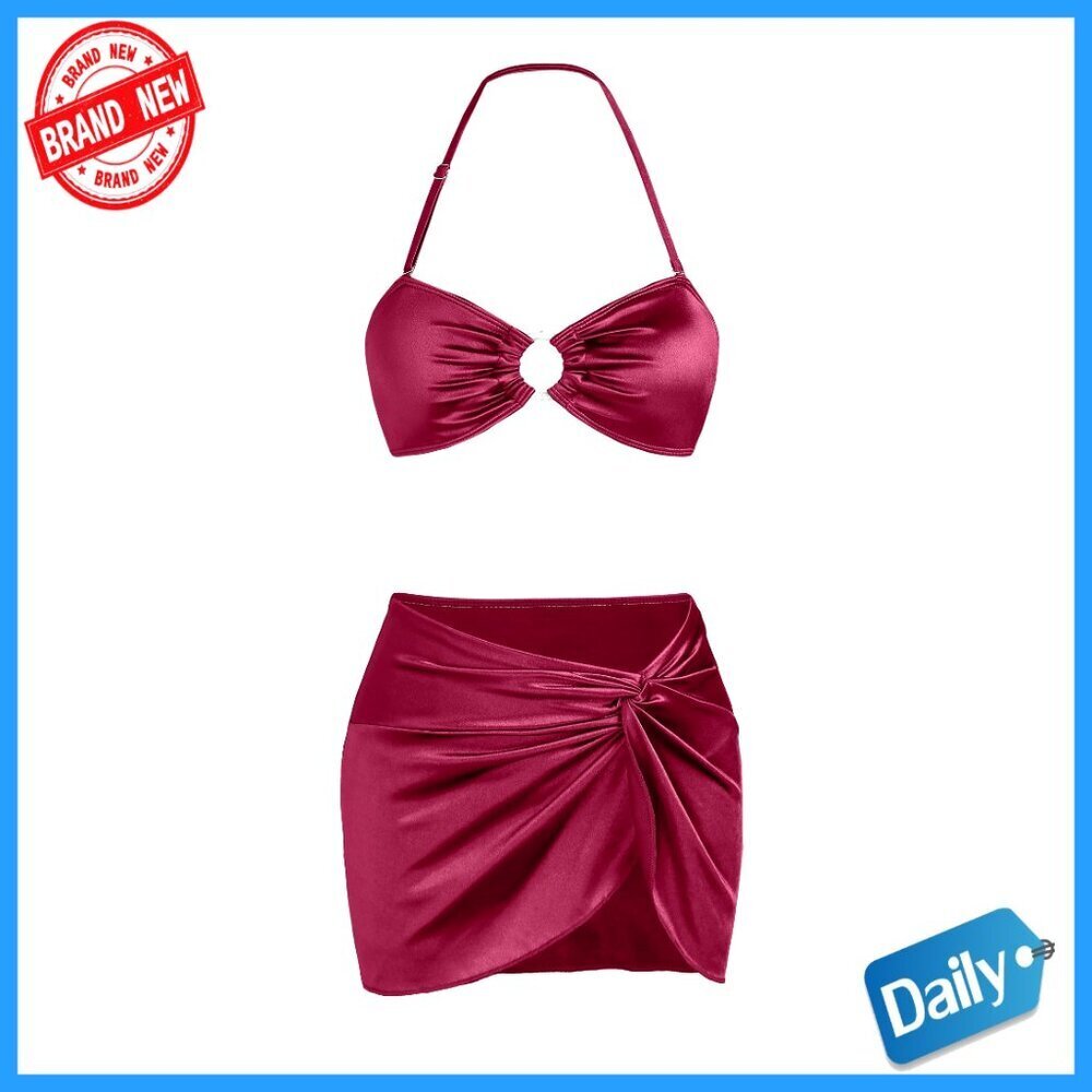 Metallic Strapless Bikini Set with Ruched Coverup Halter Criss Cross